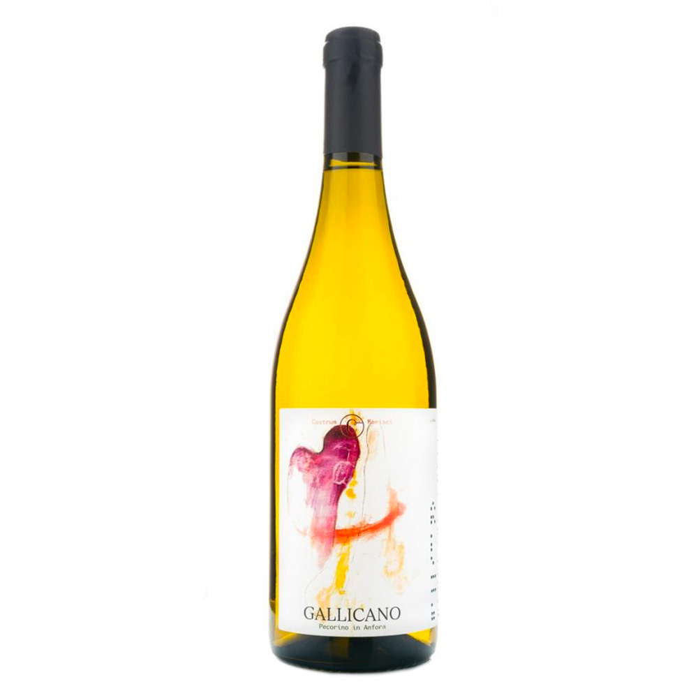 Bottiglia di Castrum Morisci Gallicano Pecorino Falerio DOC, vino bianco affinato in anfora con etichetta inclusiva in braille su sfondo bianco.