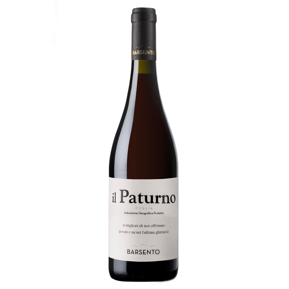 Barsento Il Paturno Primitivo Puglia IGT ha un colore rosso rubino con riflessi violacei. Al naso si presenta fresco e fragrante, con chiari sentori di frutti di bosco e una parte floreale intesa e persistente. Al palato risulta di buona complessità, di notevole personalità ed armonia. Buona la struttura e la persistenza gustativa sul finale. Di grandi doti estrattive, sfoggia la sua grande rotondità in bocca, che si completa con la trama tannica presente ma ben integrata.