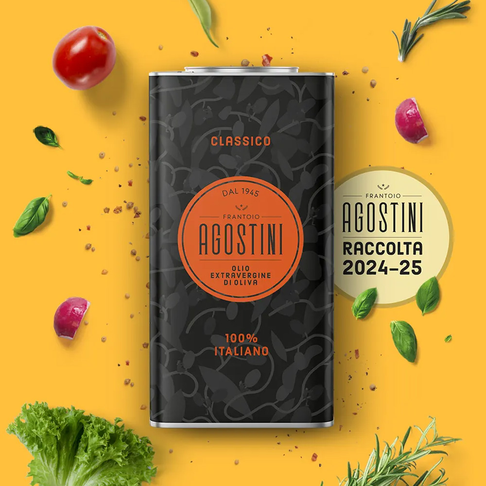 Frantoio Agostini Olio Extravergine di Oliva Classico Latta 5 litri - L'olio EVO Agostini Classico si presenta principalmente giallo con riflessi verdi. Al naso è fruttato ed equilibrato, con note di amaro e piccante, sentori erbacei di erba fresca appena tagliata e cardo. Dal gusto equilibrato tra amaro e piccante, si contraddistingue per la versatilità ed esalta tutti i piatti della cucina italiana. 