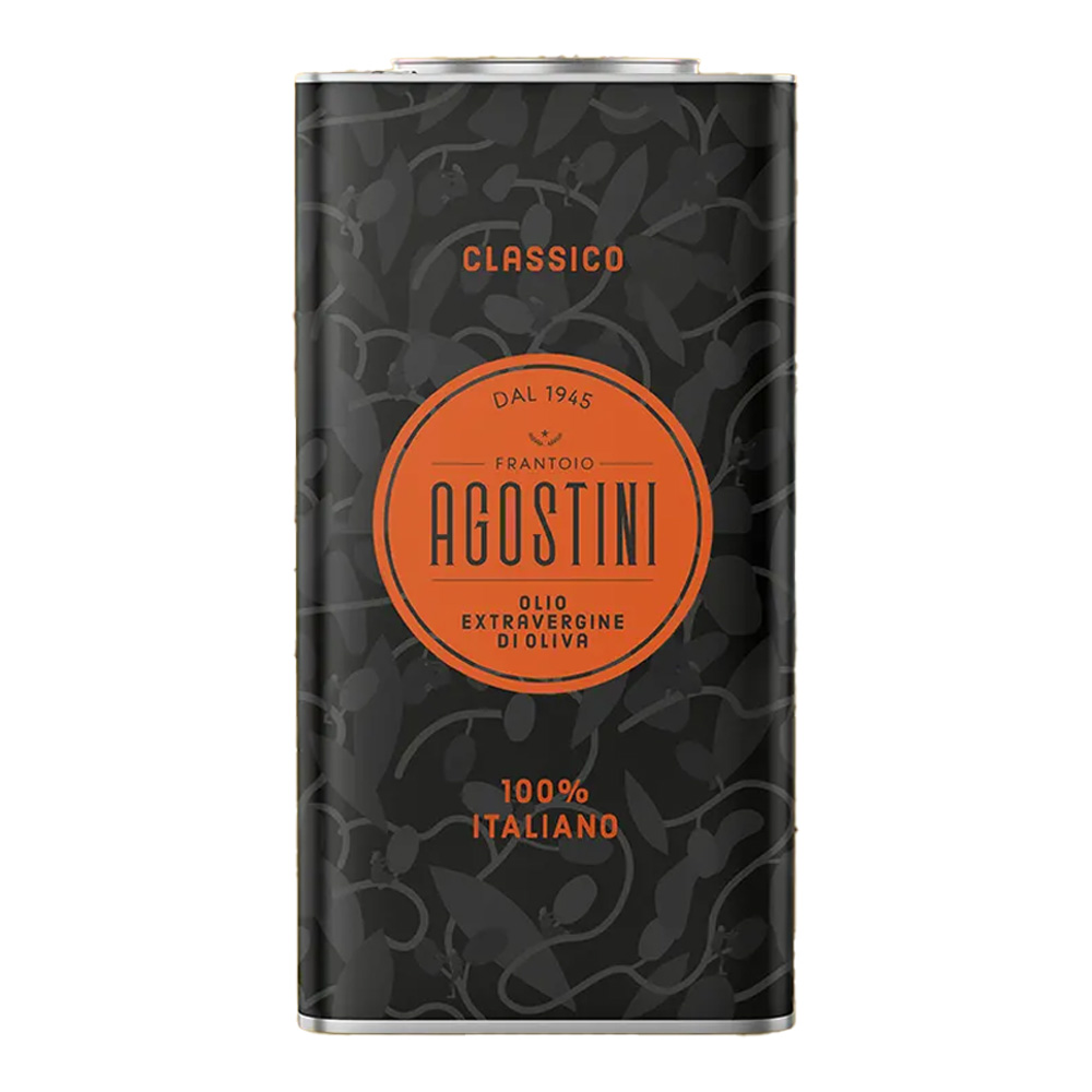 Frantoio Agostini Olio Extravergine di Oliva Classico Latta 5 litri - L'olio EVO Agostini Classico si presenta principalmente giallo con riflessi verdi. Al naso è fruttato ed equilibrato, con note di amaro e piccante, sentori erbacei di erba fresca appena tagliata e cardo. Dal gusto equilibrato tra amaro e piccante, si contraddistingue per la versatilità ed esalta tutti i piatti della cucina italiana. 