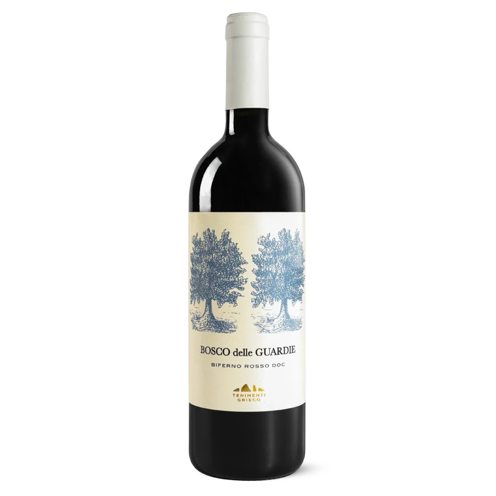 Tenimenti Grieco Bosco delle Guardie Biferno Rosso DOC ha un colore rosso rubino intenso con riflessi violacei. Al naso si rivela complesso e ampio, con note predominanti di frutta rossa matura, seguite da piacevoli sentori speziati. Al palato si dimostra un rosso avvolgente, caldo ed equilibrato, dal tannino elegante e dotato di una buona freschezza gustativa. Chiude con un finale invitante, di buona persistenza. Il Bosco delle Guardie è una macchia mediterranea d’alta collina che separa quasi a metà i migliori vigneti coltivati a Montepulciano ed Aglianico, storici vitigni alla base di questo vino rosso che ha fatto proprie le essenze vegetali, selvatiche e strutturali presenti nel bosco.È un rosso ottenuto dal blend di Montepulciano 80% e Aglianico 20%. 