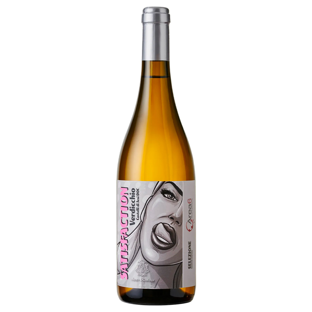 Santa Barbara Satisfaction Verdicchio dei Castelli di Jesi DOC ha un colore giallo paglierino luminoso, con eleganti riflessi dorati.  Al naso spiccano le note floreali, che si fondono con le sensazioni di agrumi e frutti a polpa bianca.  Al palato è di buon corpo, piacevolmente fresco e marcatamente sapido sul finale.  - Satisfaction è un Verdicchio in purezza, ottenuto da vigneti posti ad almeno 270 metri s.l.m., su suoli ricchi di tufo e sabbia, che conferiscono al vino una sapidità entusiasmante.  - L'etichetta è frutto della collaborazione tra l'azienda agricola Santa Barbara, prestigiosa realtà marchigiana guidata da Stefano Antonucci, e la distribuzione Area 6.  Fa parte di una selezione di vini dall'anima "rock", poiché il vino è come la musica, è creatore, ispiratore e conduttore di energia allo stato puro. 