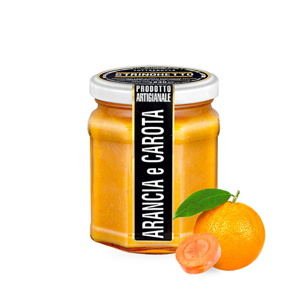 Stringhetto Tuttafrutta Arancia e Carota 240g - Arancia e Carota è un concentrato di vitamine in vasetto. È buona da spalmare sul pane, ma interessante anche in abbinamento ad un formaggio caprino. Frutta utilizzata: 100g per 100g di prodotto finito. "Tuttafrutta" è la linea di composte di frutta realizzate con procedimenti artigianali, senza zuccheri e senza conservanti aggiunti, a partire da materie prime attentamente selezionate.Adatta ai Vegani. Prodotto e confezionato da: Stringhetto S.r.l. - Via Maestri del Lavoro 9 - 37045 Legnago (VR)
