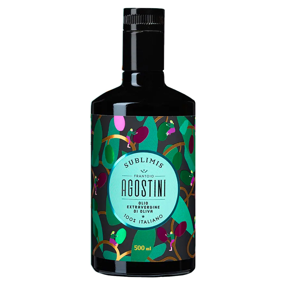 Frantoio Agostini Olio Extravergine di Oliva "Sublimis" Intenso 100% Italiano - Campagna Olearia 2023-2024 - Sublimis di presenta di un bel colore giallo dorato intenso, limpido e con leggere sfumature verdi. Al naso è pulito ed avvolgente, ricco di sentori balsamici di menta e rosmarino, che si affiancano a nuance speziate di pepe nero e un ricordo di mandorla. Al palato risulta fine e di grande carattere, con toni vegetali che ricordano il carciofo, la cicoria e la lattuga. Il giusto è amaro deciso e piccante spiccato. -Disponibile in astuccio regalo soft touch o bottiglia singola da 500ml