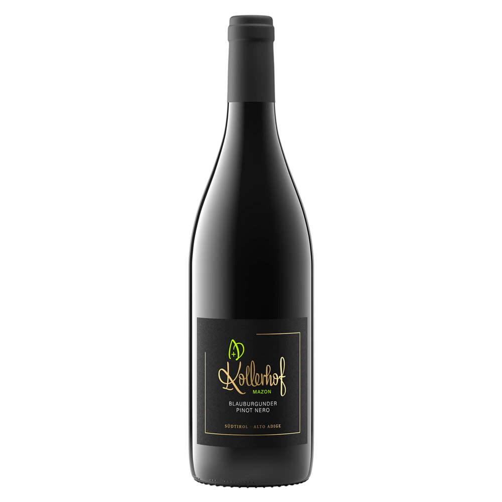 Kollerhof Blauburgunder Pinot Nero Mazon Alto Adige DOC si presenta di colore rosso rubino scarico, vivace e brillante. Al naso è ricco di aromi che ricordano le ciliegie e i frutti di bosco, ma con un buon corredo speziato. Al palato risulta morbido e di buona struttura, fresco e perfettamente elegante, presentando tannini leggiadri. Chiude con un finale fine e di buona persistenza. Il Pinot Nero "Mazon" della cantina Kollerhof rappresenta una delle massime espressioni del vitigno. "Mazzon" è infatti definito "il grand cru del Pinot Nero" in Alto Adige, situato nel comune di Egna in Bassa Atesina. Qui il Pinot Nero trova il suo habitat ideale, grazie al microclima che si crea: protetto dalle montagne, gode delle miti correnti dell'Ora, la brezza pomeridiana che soffia dal Garda, e di un'insolazione serale che si protrae a lungo. Sono attualmente 13 i proprietari di vigneti nel cru Mazzon, tra cui troviamo grandi nomi come Martin Foradori, Franz Haas Girlan e Tramin.