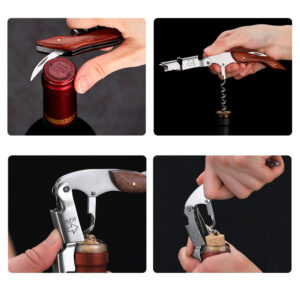 Cavatappi e Apribottiglie professionale realizzato in acciaio inox di alta qualità con dettagli in legno di palissandro sul manico.Un'oggetto elegante e di prestigio, ideale per stappare bottiglie di vino. È dotato di coltellino taglia-capsula, è estremamente pratico ed ergonomico. Può estrarre tappi di sughero e quelli sintetici.