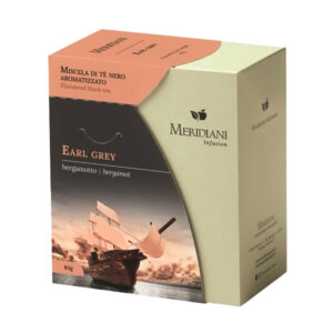 Meridiani Tè Nero Earl Grey al Bergamotto 80g - Probabilmente la miscela più famosa aromatizzata dal bergamotto, un frutto simile all’arancia che proviene dalle regioni del Sud. Un’unione inconfondibile che esalta il gusto agrumato del bergamotto e quello amaro del Tè nero.