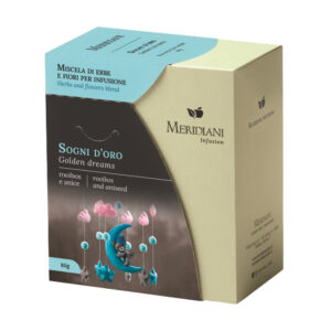 Meridiani Tisana d'Erbe Sogni d'Oro 80g - Tisana del riposo. Tisana d’erbe a base rooibos che favorisce il riposo grazie ad ingredienti privi di caffeina e concilianti il sonno come anice, finocchio e melissa. Senza aromi.