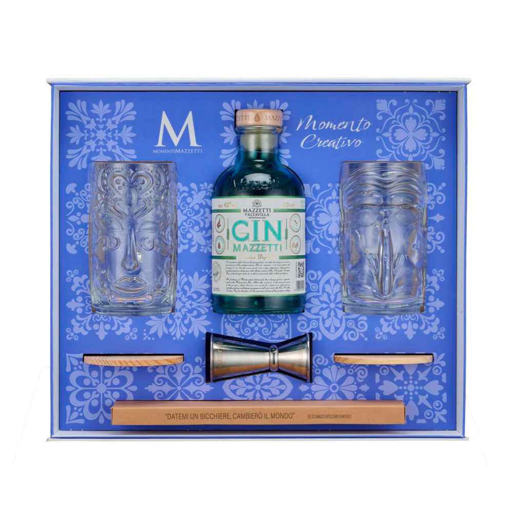 Dettaglio della bottiglia di Gin London Dry Mazzetti e dei bicchieri Tumbler Tiki RCR
