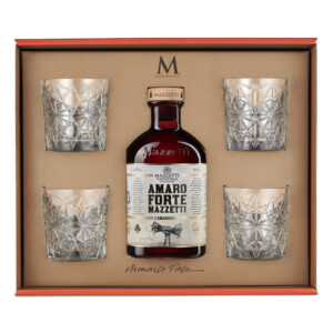 Momento Forte Mazzetti d'Altavilla, la nuova confezione con l'iconico Amaro Forte Original Mazzetti e 4 Bicchieri Tumbler da degustazione in vetro. Il kit ideale per un after dinner perfetto che trasformerà la serata in un'occasione conviviale e di relax. L’Amaro Forte Mazzetti nasce da una ricetta segreta, ideata nel Monastero Benedettino che sorgeva in cima ad Altavilla Monferrato. Qui i monaci selezionavano le piante e le erbe dall’antico giardino, con cui creavano composti e medicinali semplici, infusi dal gusto decisamente amaro adoperati per fini depurativi, digestivi e rigeneranti.-Contiene: 1x Amaro Forte Original Mazzetti 0,70L e 4x Bicchieri Tumbler Mazzetti