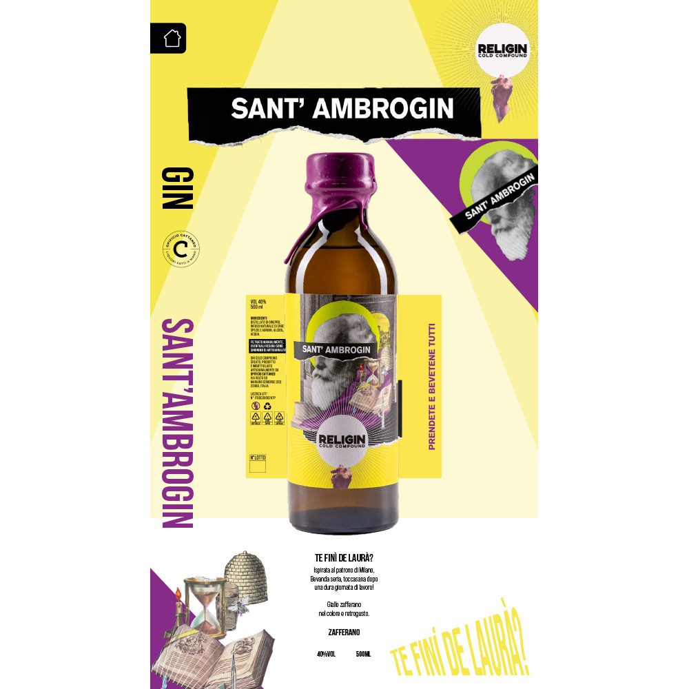Sant'Ambrogin, prodotto artigianalmente da Opificio Cattaneo, è un gin ispirato al patrono di Milano, Sant'Ambrogio. Si tratta di un Gin Cold Compound, un vero e proprio toccasana dopo una lunga giornata di lavoro. Te finì de laurà? Si presenta con un piacevole colore giallo aranciato, conferitogli dall'aggiunta di pistilli di Zafferano, che gli donano un gusto estremamente particolare. Prendete e bevetene tutti. "Sant'Ambrogin" fa parte della linea Religin di Opificio Cattaneo, una serie di bottiglie accattivanti e divertenti.Le ricette e gli abbinamenti originali tra le varie botaniche, rendono questi gin estremamente innovativi e moderni, rivolgendo comunque uno sguardo verso la tradizione italiana.