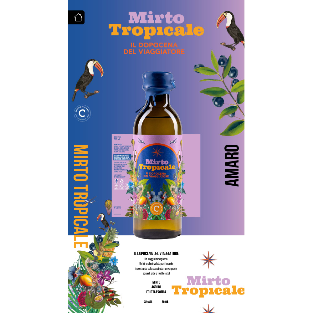 Il Mirto Tropicale, prodotto artigianalmente da Opificio Cattaneo, rappresenta il "dopocena del viaggiatore". Un viaggio immaginario, in cui Mirto che è volato per il mondo, incontrando sulla sua strada nuove Spezie, Agrumi, Erbe e Frutti Esotici. "Mirto Tropicale" fa parte della linea Amari & Liquori di Opificio Cattaneo, una serie di bottiglie accattivanti e divertenti.Le ricette e gli abbinamenti originali tra le varie botaniche, rendono questi liquori estremamente innovativi e moderni, rivolgendo comunque uno sguardo verso la tradizione liquoristica artigianale italiana.