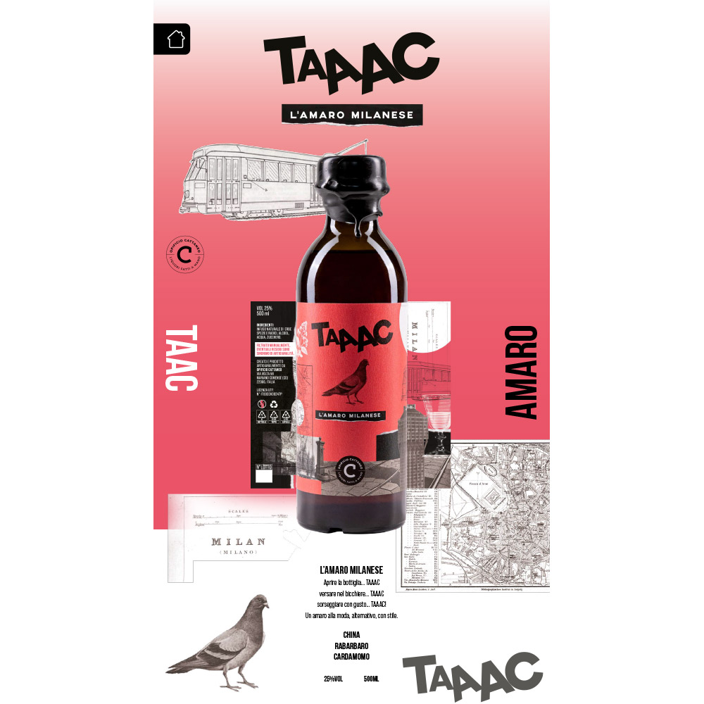 TAAAC L'Amaro Milanese, realizzato artigianalmente da Opificio Cattaneo, rappresenta il classico amaro dalle proprietà digestive, le cui botaniche principali sono China, Rabarbaro e Cardamomo. Dal gusto morbido ed equilibrato, con note amaricanti accentuate, è un omaggio alla città di Milano e al suo essere sempre un passo avanti. Aprire la bottiglia...TAAAC, Versare nel bicchiere...TAAAC, sorseggiare con gusto...TAAAC! Un amaro alla moda, alternativo, con stile. Non fare il Barlafus!! fatti un amaro dai Pheeega!! "TAAAC" fa parte della linea Amari & Liquori di Opificio Cattaneo, una serie di bottiglie accattivanti e divertenti. Le ricette e gli abbinamenti originali tra le varie botaniche, rendono questi liquori estremamente innovativi e moderni, rivolgendo comunque uno sguardo verso la tradizione liquoristica artigianale italiana.
