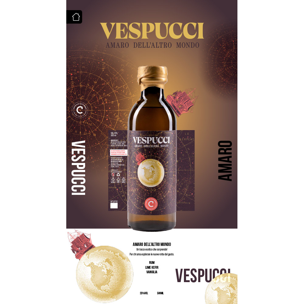 Il Vespucci Amaro dell'Altro Mondo, prodotto artigianalmente da Opificio Cattaneo, è un liquore amaro dedicato a chi ama esplorare "le nuove rotte del gusto". L'assemblaggio perfetto tra Rum Bianco, Lime Kefir e la Vaniglia donano a questo amaro un tocco esotico estremamente gradevole. "Vespucci" fa parte della linea Amari & Liquori di Opificio Cattaneo, una serie di bottiglie accattivanti e divertenti. Le ricette e gli abbinamenti originali tra le varie botaniche, rendono questi liquori estremamente innovativi e moderni, rivolgendo comunque uno sguardo verso la tradizione liquoristica artigianale italiana.