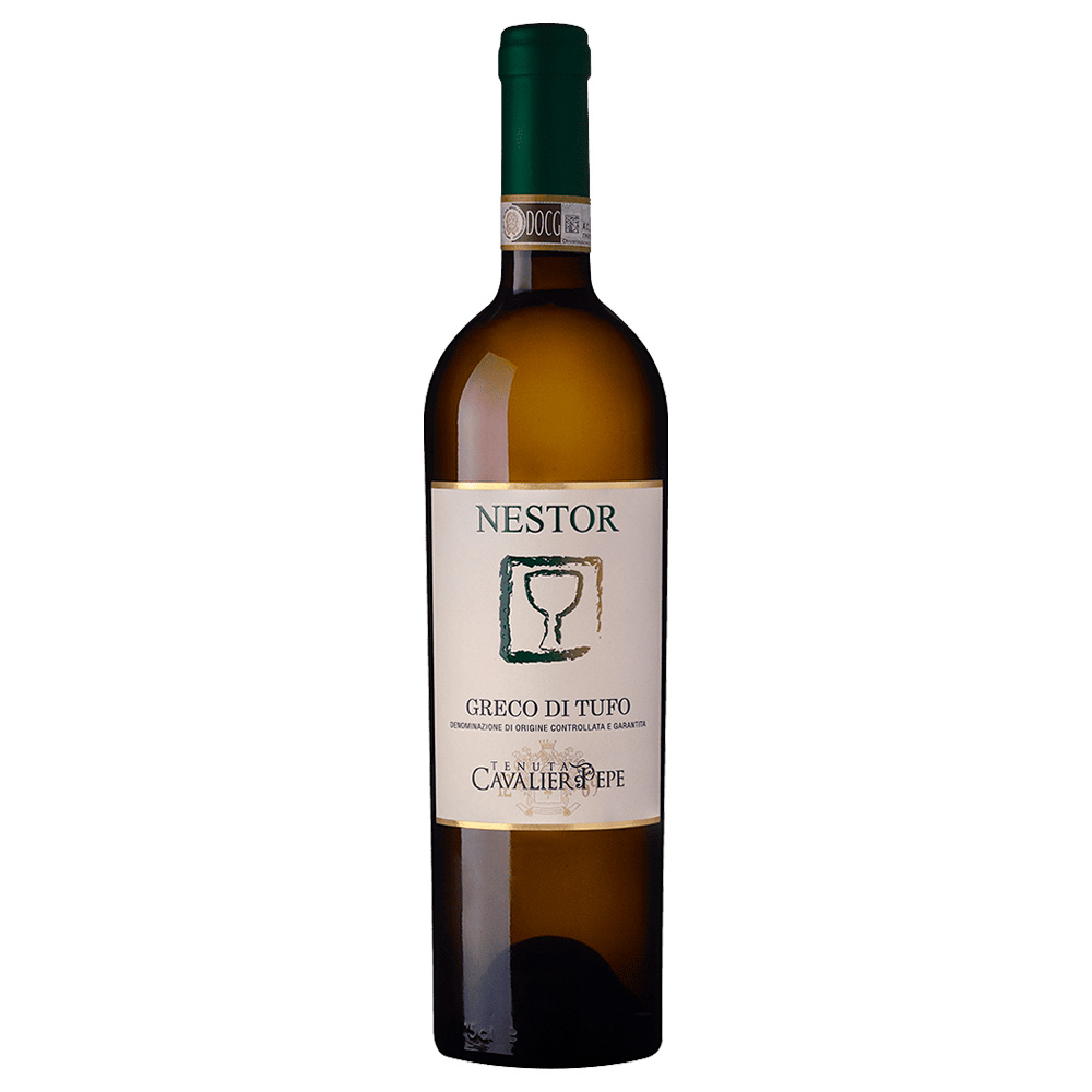 Tenuta Cavalier Pepe Nestor Greco di Tufo DOCG si presenta di colore giallo paglierino intenso e luminoso. Al naso dimostra grande complessità e ricchezza aromatica, spaziando dai frutti maturi come la pesca, la pera e la mela, completandosi con sfumature agrumate. Al palato risulta ampio e fruttato, di ottimo corpo, con un'acidità perfettamente bilanciata che ne facilita la beva. Chiude con un finale di ottima persistenza, richiamando notevolmente le note sapide. Nestor, prodotto dalla Tenuta Cavalier Pepe, è un vino bianco ottenuto da uve Greco in purezza provenienti dai vigneti aziendali, situati sulle colline dei comuni di Santa Paolina e Montefusco (Avellino), territori estremamente vocati per la produzione del Greco di Tufo DOCG. Il terreno, ricco di elementi tufacei ed argillosi con lingue calcaree e vulcaniche, conferisce al vino particolari note minerali e sapide. Il Greco è un vitigno presente nel Sud Italia ancor prima della fondazione di Roma e trova la sua migliore espressione sulle colline del comune di Tufo, dove sono situate antiche solfatare. Secondo i poemi omerici, Nestore era un fortissimo eroe che amava deliziarsi con questo nettare. Nestor è un bianco che esprime al meglio la freschezza e l'intensità aromatica del Greco, risultando ampio, sapido e minerale.