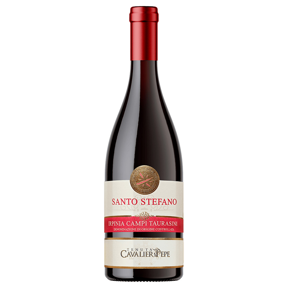 Tenuta Cavalier Pepe Santo Stefano Irpinia Campi Taurasini DOC si presenta di colore rosso rubino intenso e luminoso. Al naso spicca un bouquet intrigante che ricorda i piccoli frutti di bosco e le amarene, su sottofondo più complesso di spezie e liquirizia, con una lieve nota balsamica. Al palato si dimostra di buon corpo e piacevolmente morbido, sorretto dalla freschezza e dai tannini maturi ed eleganti. Chiude con un finale di ottima persistenza. Santo Stefano, prodotto dalla Tenuta Cavalier Pepe, è un vino rosso ottenuto da uve Aglianico in purezza provenienti dai vigneti aziendali situati sulle colline dei comuni di Luogosano, Sant'Angelo all'Esca e Taurasi (Avellino), territori estremamente vocati per la produzione delle uve Aglianico. Il terreno, di natura argilloso-calcarea con elementi vulcanici, conferisce al vino particolari note minerali e sapide. Ne risulta un rosso di ottima struttura, piacevolmente morbido e con tannini perfettamente integrati.