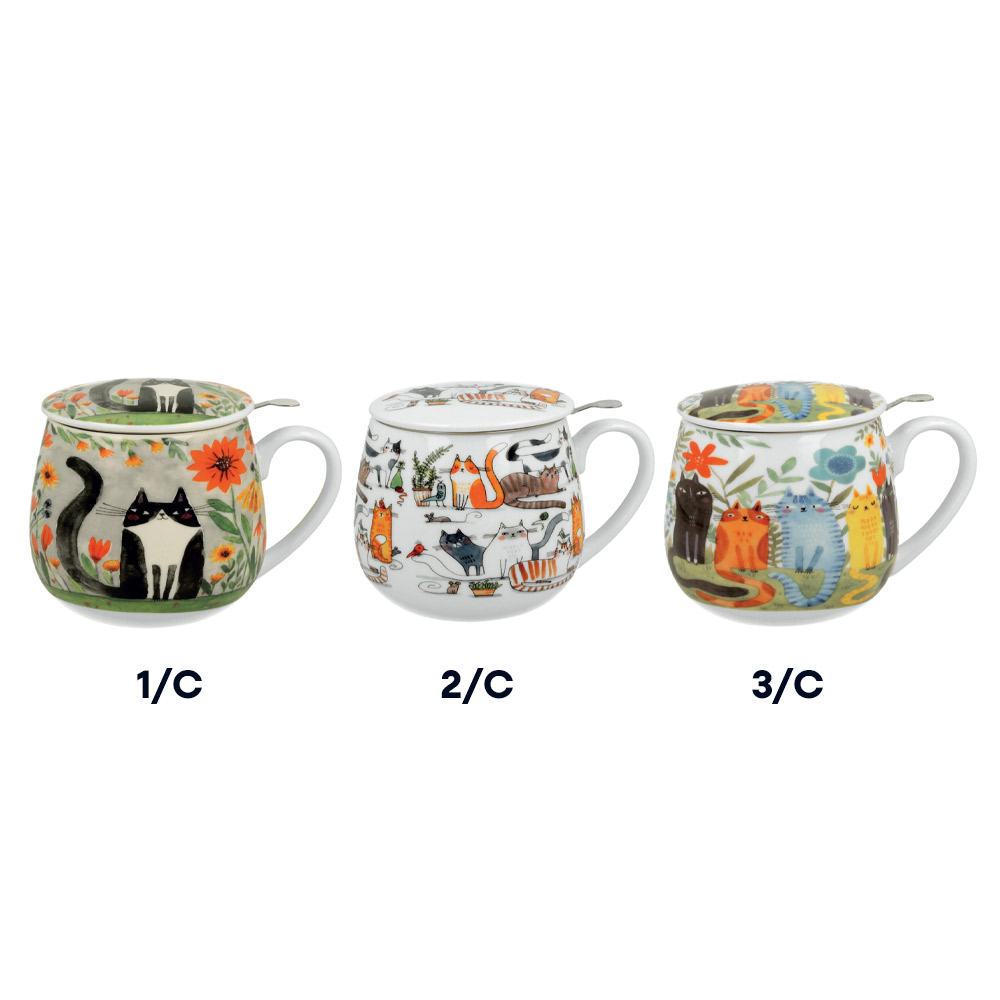 Meridiani Tisaniera con filtro infusore in acciaio "Loving Cats", disponibile in tre diverse decorazioni. Realizzata in porcellana, capacità 0,4L. Gift box in cartoncino contenente la tisaniera, ideale da regalare agli amanti del tè, infusi e tisane. Disponibile in tre diverse fantasie floreali. Novità 2025.