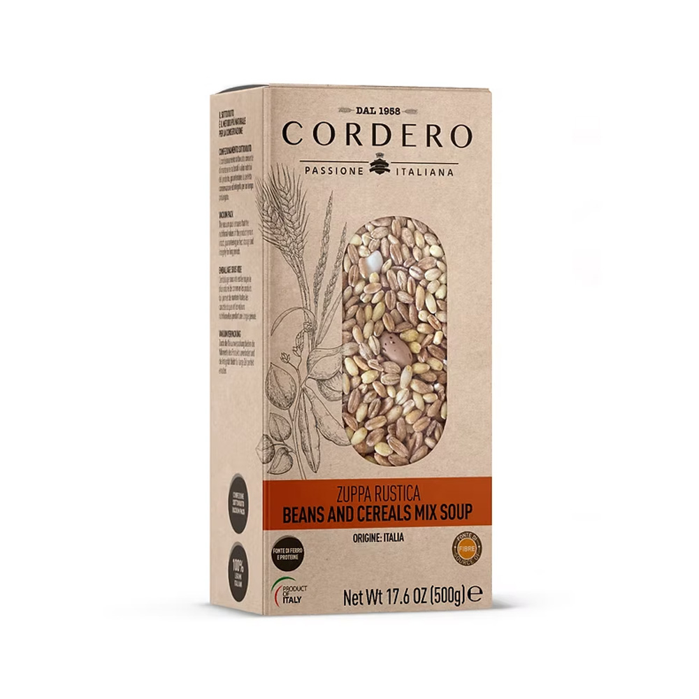 Cordero Zuppa Rustica di Legumi e Cereali Italiana 500g - Ricca zuppa di Farro, Orzo, Fagioli Borlotti e Cannellini 100% italiani.Non c’è nulla di più confortante di un bel piatto di zuppa calda, profumata e saporita, al termine di una lunga giornata. I legumi sono inoltre una ricca fonte di proteine, ferro e vitamine, che uniti alle fibre dei cereali creano dei piatti davvero nutrienti e amici della nostra salute.