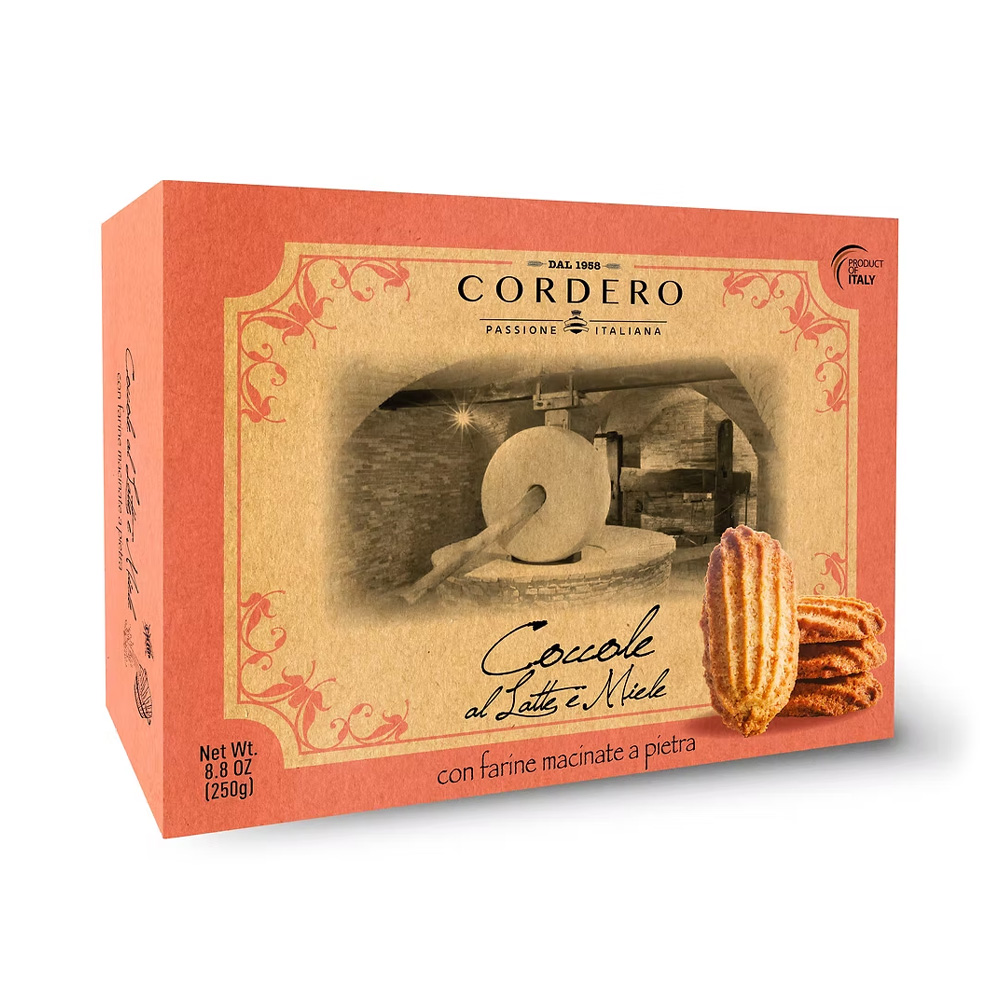 Cordero Biscotti Coccole Latte e Miele 250g - Biscotti artigianali prodotti con farina integrale macinata a pietra, latte e miele. Ideali per la colazione o come sfizioso dolce a fine pasto. Senza olio di palma.
