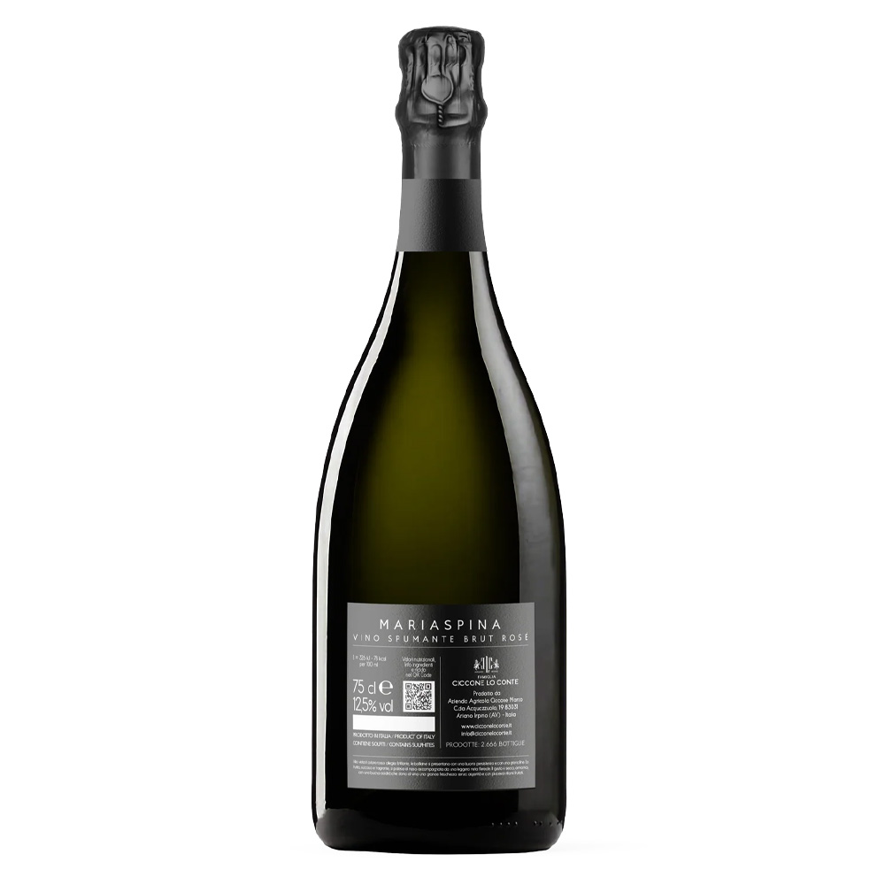 Mariaspina Brut Rosé si presenta di colore rosso ciliegia brillante, con un perlage fine e persistente. Al naso è immediato e invitante, con frutto succoso e fragrante, accompagnato da una delicata sfumatura floreale. Al palato risulta uno spumante di grande struttura, equilibrato, armonico e sostenuto da una bella acidità che regala freschezza e scorrevolezza, chiudendo su piacevoli ritorni fruttati. Prodotto in sole 2666 bottiglie numerate per l’annata in corso, questo Spumante Brut Rosé nasce da uve Aglianico in purezza, ottenute da vigne situate ad Ariano Irpino (AV). La varietà Aglianico regala grande struttura e complessità.
