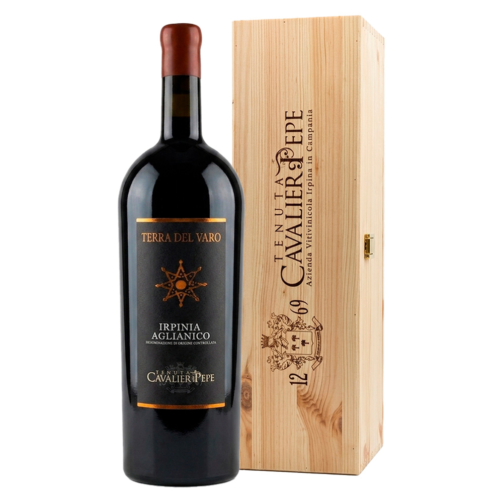 Bottiglia Jeroboam 3 litri Tenuta Cavalier Pepe Terra del Varo Irpinia DOC in cassa legno, vino rosso da Aglianico e Merlot.