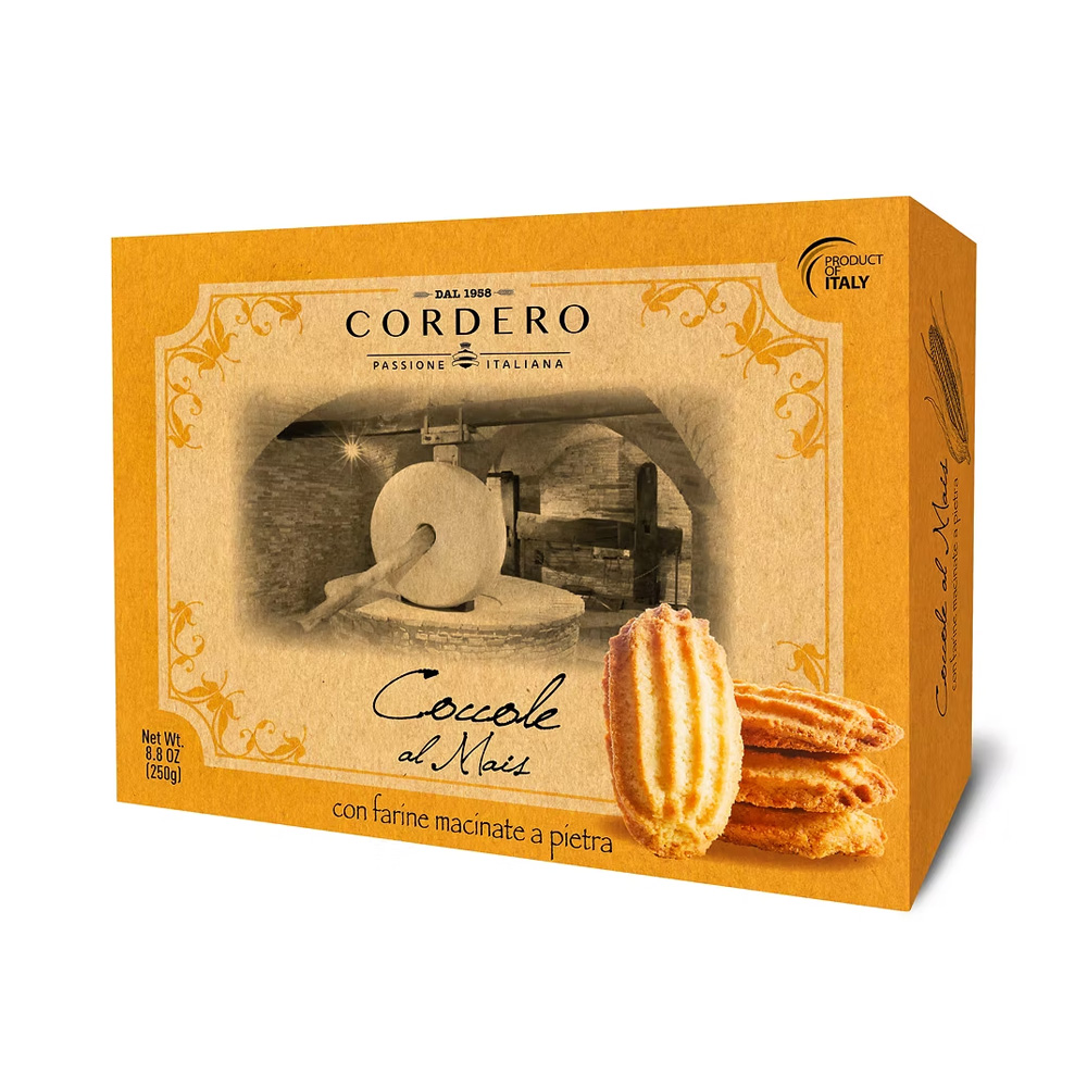 Cordero Biscotti Coccole al Mais 250g - Biscotti artigianali prodotti con farina di mais macinata a pietra. Leggeri e croccanti, ideali per la colazione o come sfizioso dolce a fine pasto.