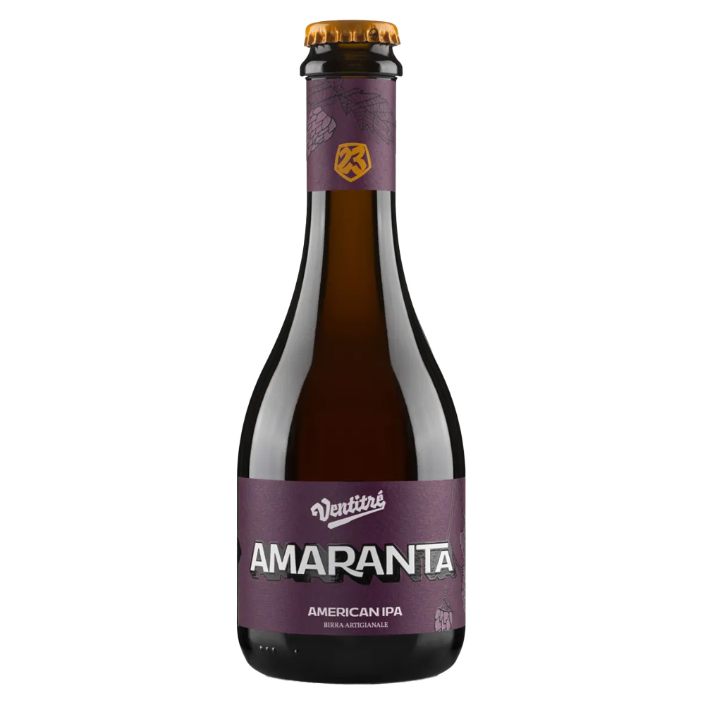 Bottiglia birra artigianale Amaranta Birrificio Ventitré American IPA ambrata