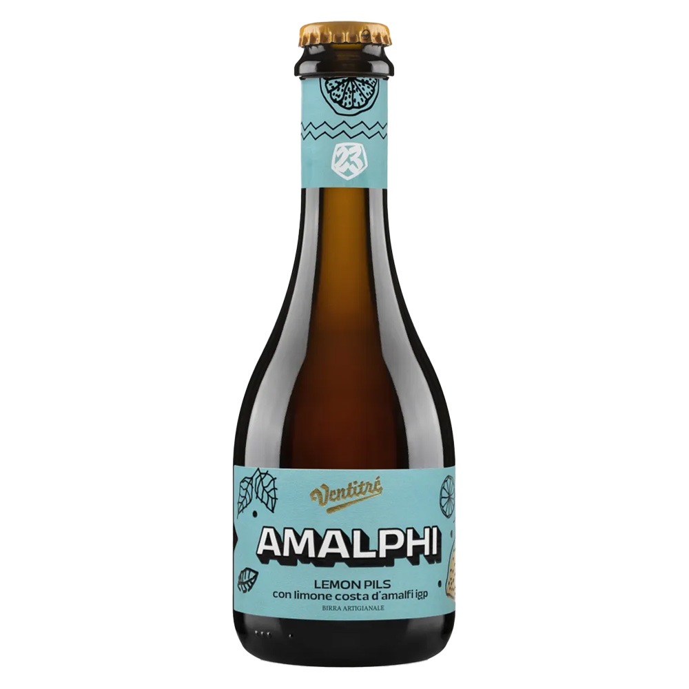 Bottiglia birra artigianale chiara Amalphi Birrificio Ventitré Lemon Pils con note agrumate