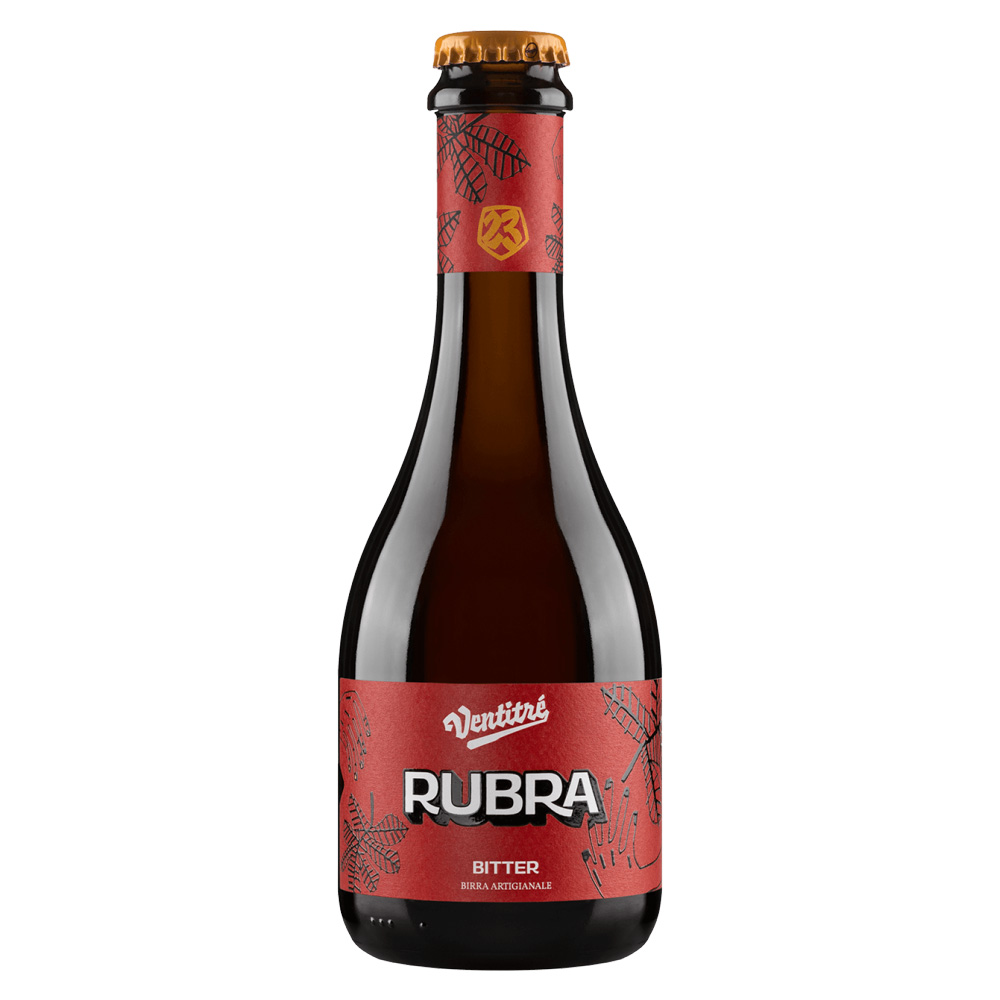 Bottiglia di birra artigianale Rubra Birrificio Ventitré Bitter ambrata con riflessi ramati