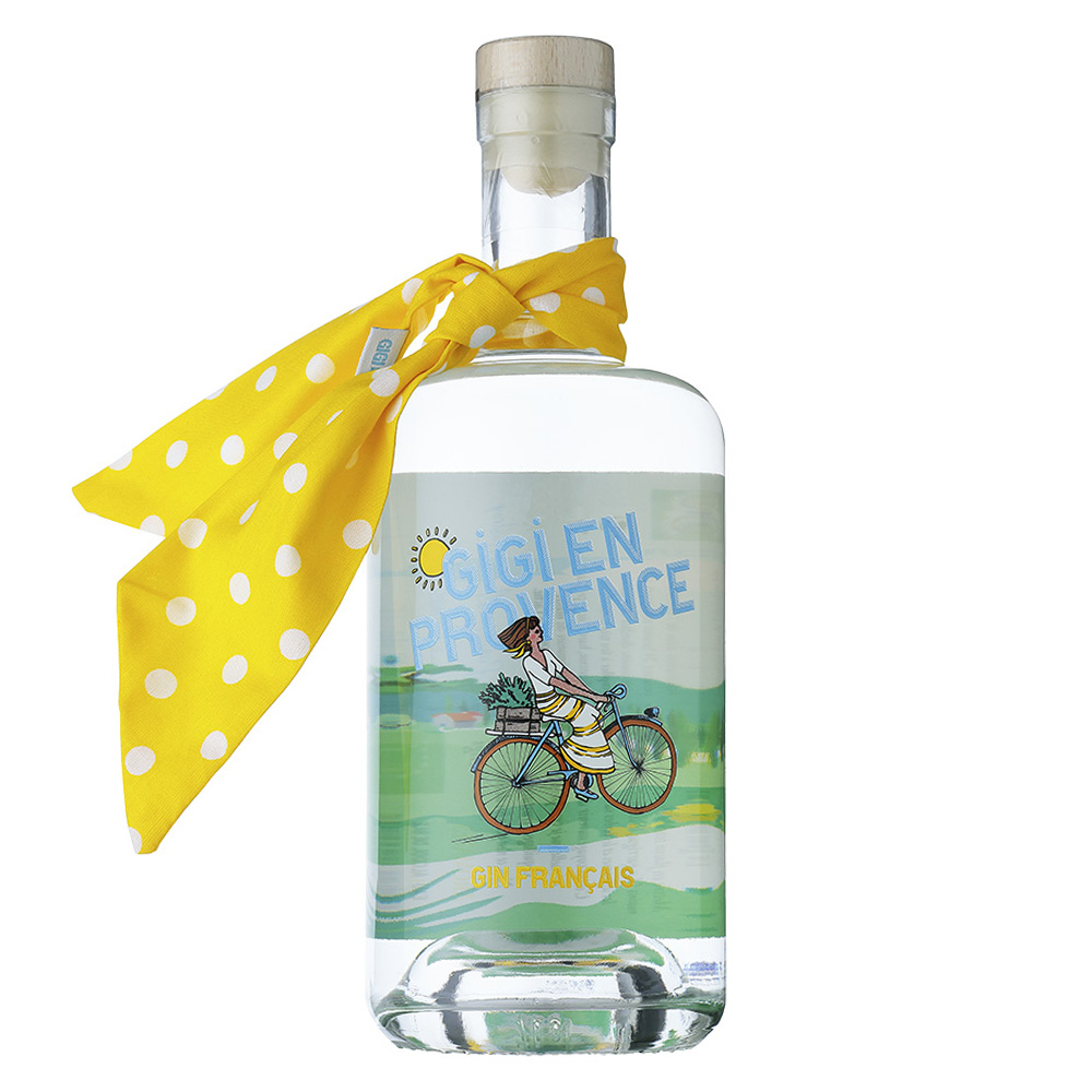 Gigi En Provence Gin biologico 70 cl — dry gin artigianale provenzale con foulard colorato, su Enoart.