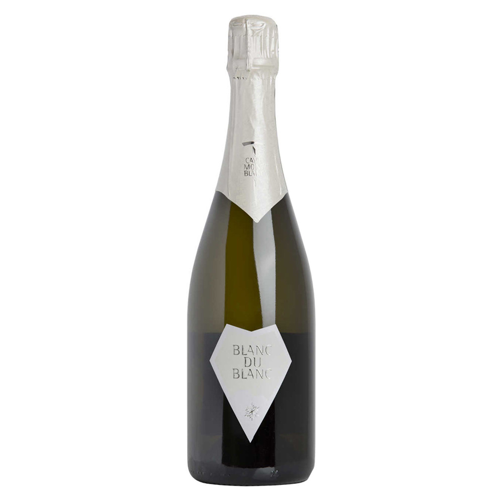 Bottiglia di Cave Mont Blanc Blanc du Blanc Metodo Classico Valle d'Aosta DOC Brut, spumante di montagna da Prié Blanc a piede franco.