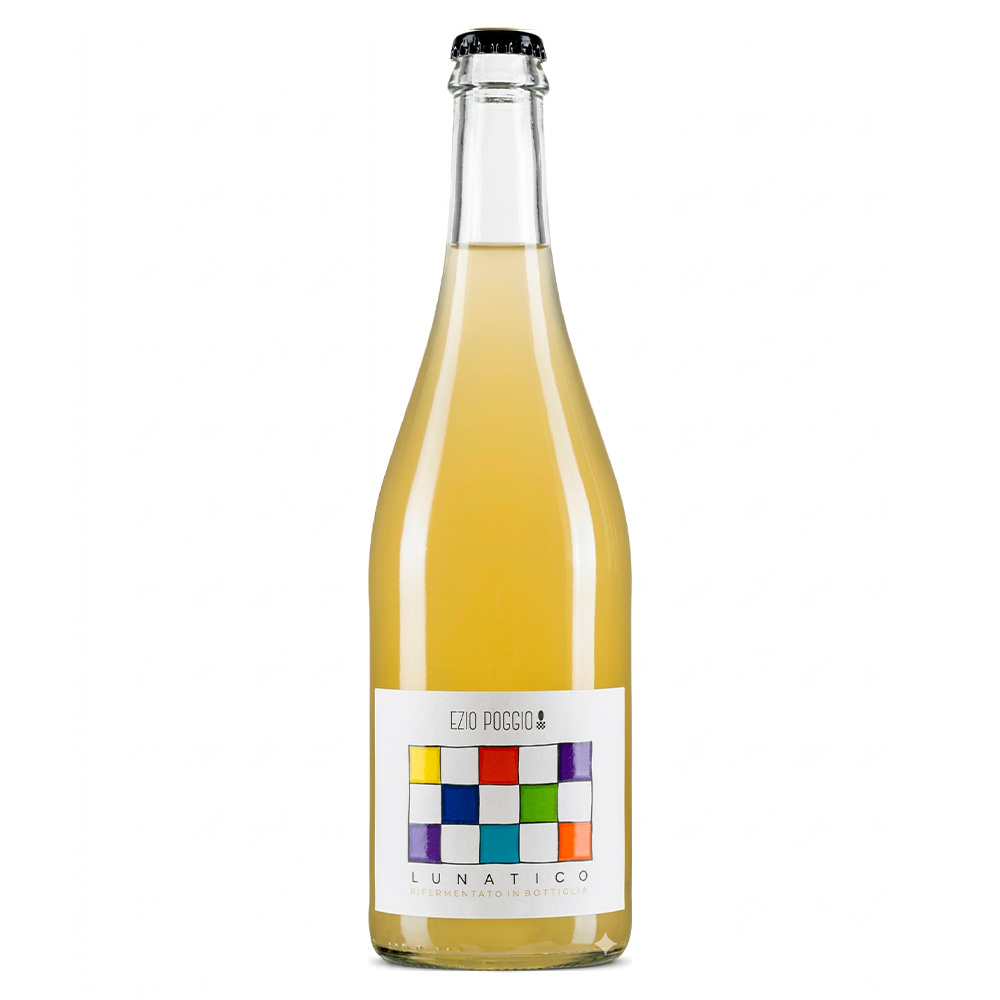 Bottiglia di Ezio Poggio Lunatico Timorasso frizzante rifermentato in bottiglia, vino bianco col fondo della Val Borbera.