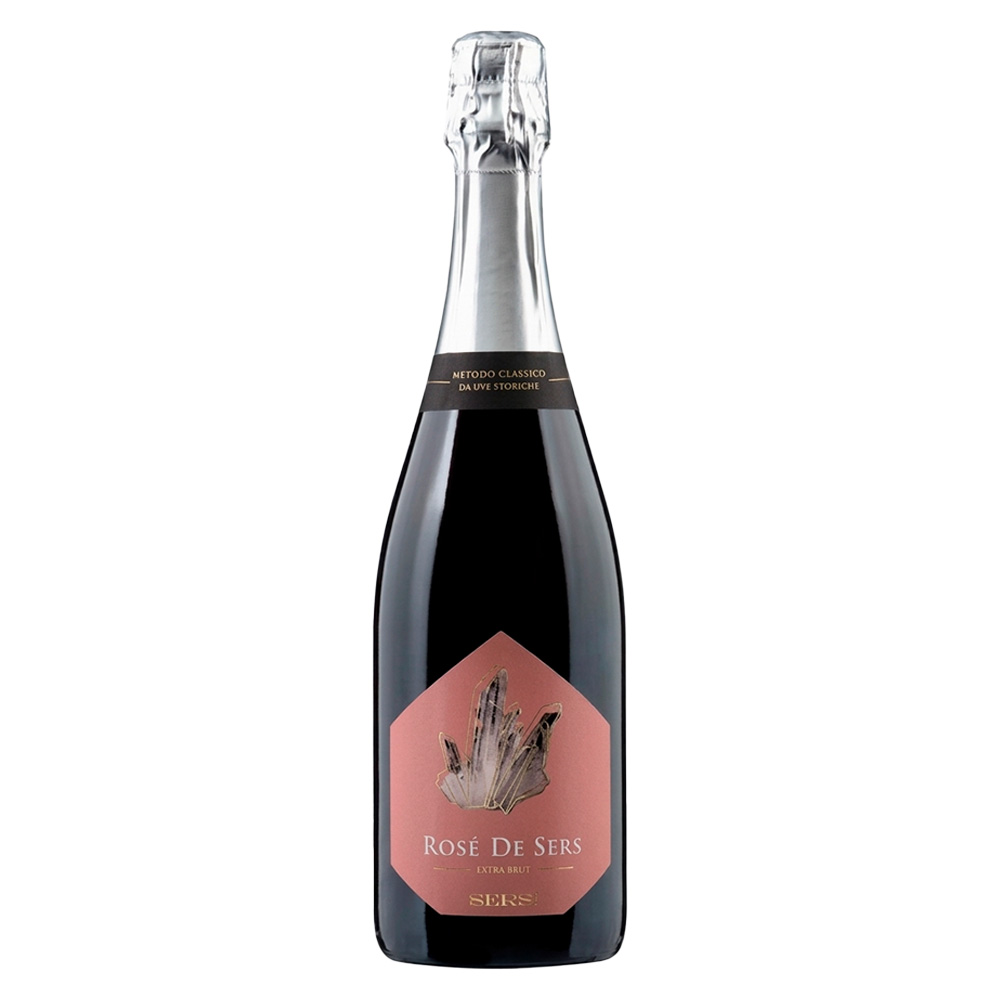 Bottiglia di Monfort Sers! Rosé de Sers Spumante Metodo Classico Extra Brut, elegante bollicina rosata trentina da uve Pavana.