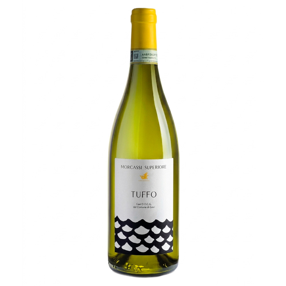 Bottiglia di vino bianco Morgassi Superiore Tuffo Gavi del Comune di Gavi DOCG, espressione elegante e minerale del vitigno Cortese in Piemonte.