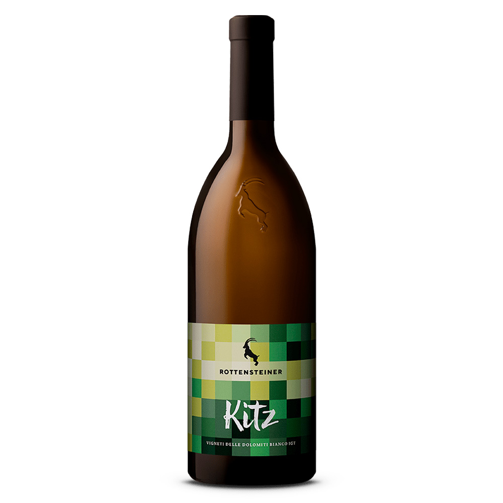 Bottiglia di Rottensteiner Kitz Bianco Vigneti delle Dolomiti IGT, cuvée altoatesina fresca e moderna da uve bianche selezionate.