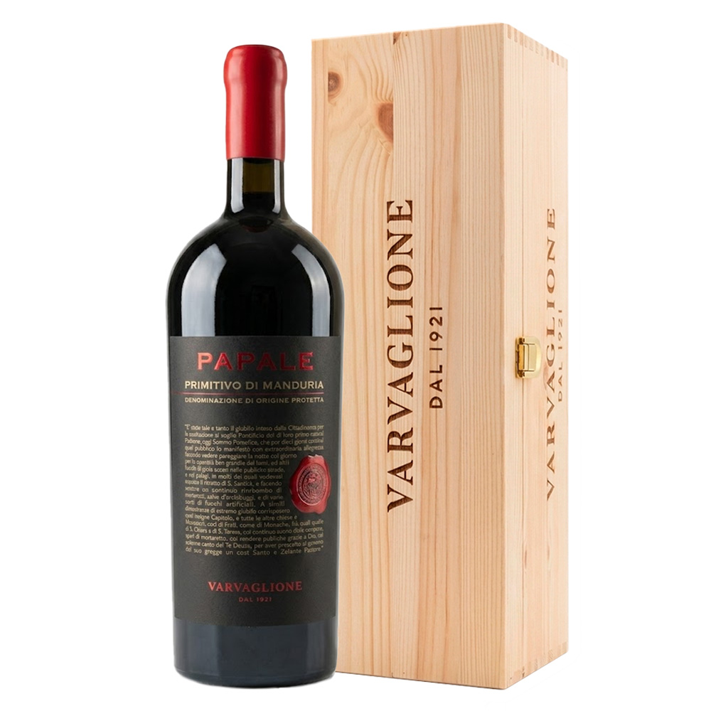 Papale Primitivo di Manduria DOP Varvaglione Magnum 1,5L vino rosso pugliese con cassetta in legno