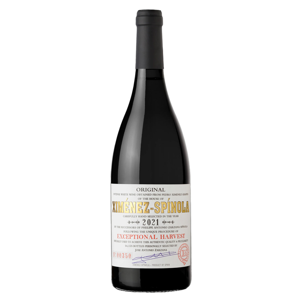 Bottiglia di Ximenez-Spinola Pedro Ximenez Exceptional Harvest Dry, bianco secco intenso e raro da Pedro Ximénez in purezza.