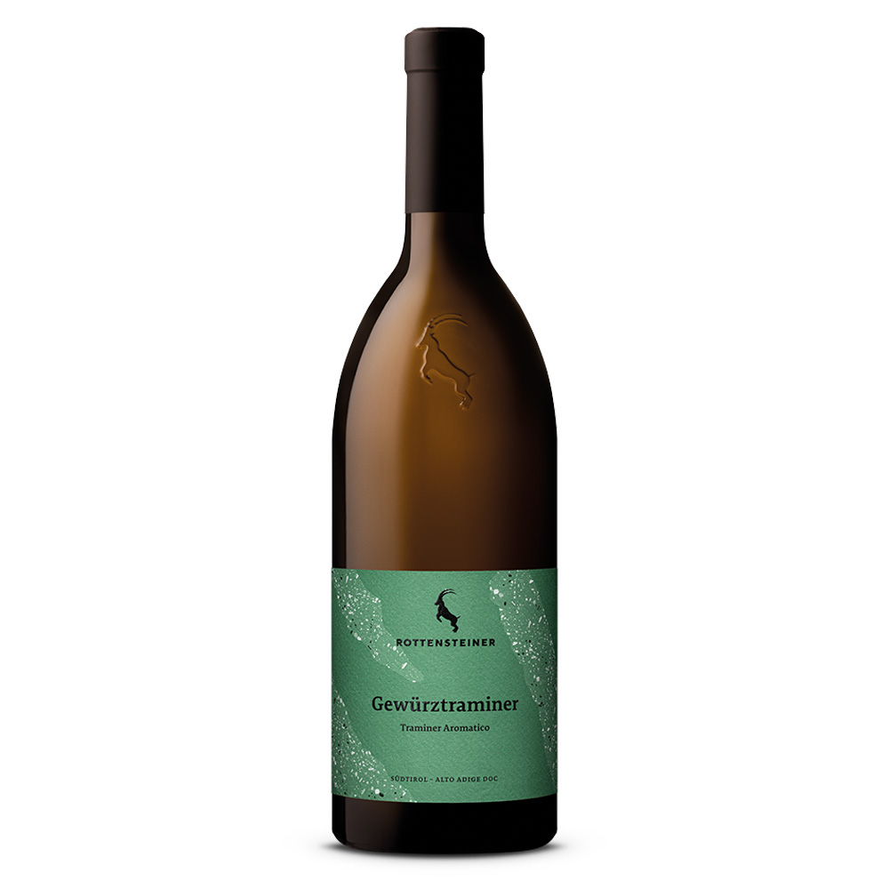 Rottensteiner Gewurztraminer Alto Adige DOC, bottiglia di vino bianco aromatico affinato in acciaio.
