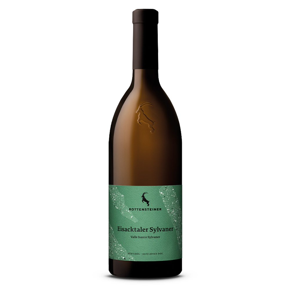 Rottensteiner Sylvaner Valle Isarco Alto Adige DOC, bottiglia di vino bianco Sylvaner affinato in acciaio.