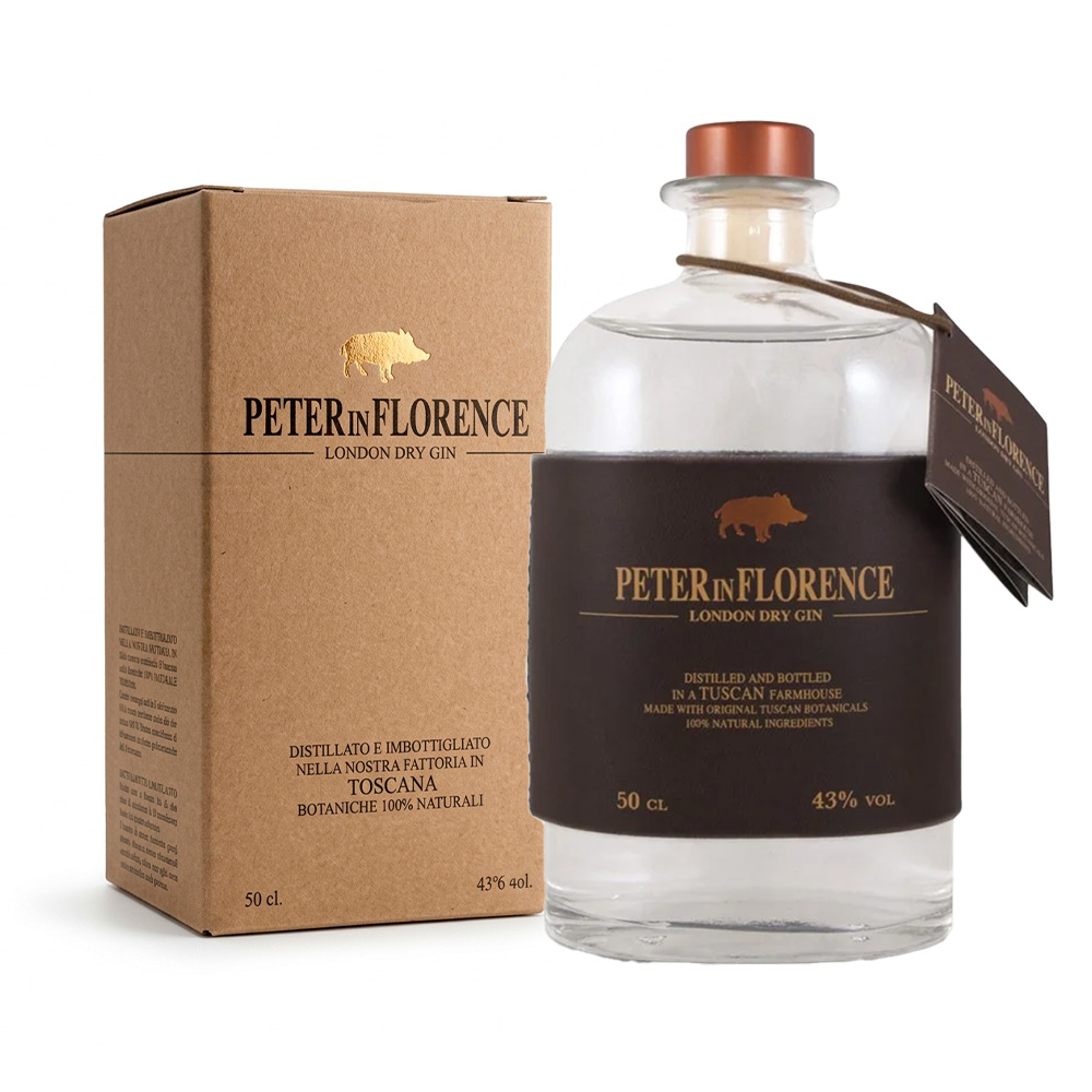Peter in Florence London Dry Gin con elegante etichetta in cuoio e bottiglia trasparente
